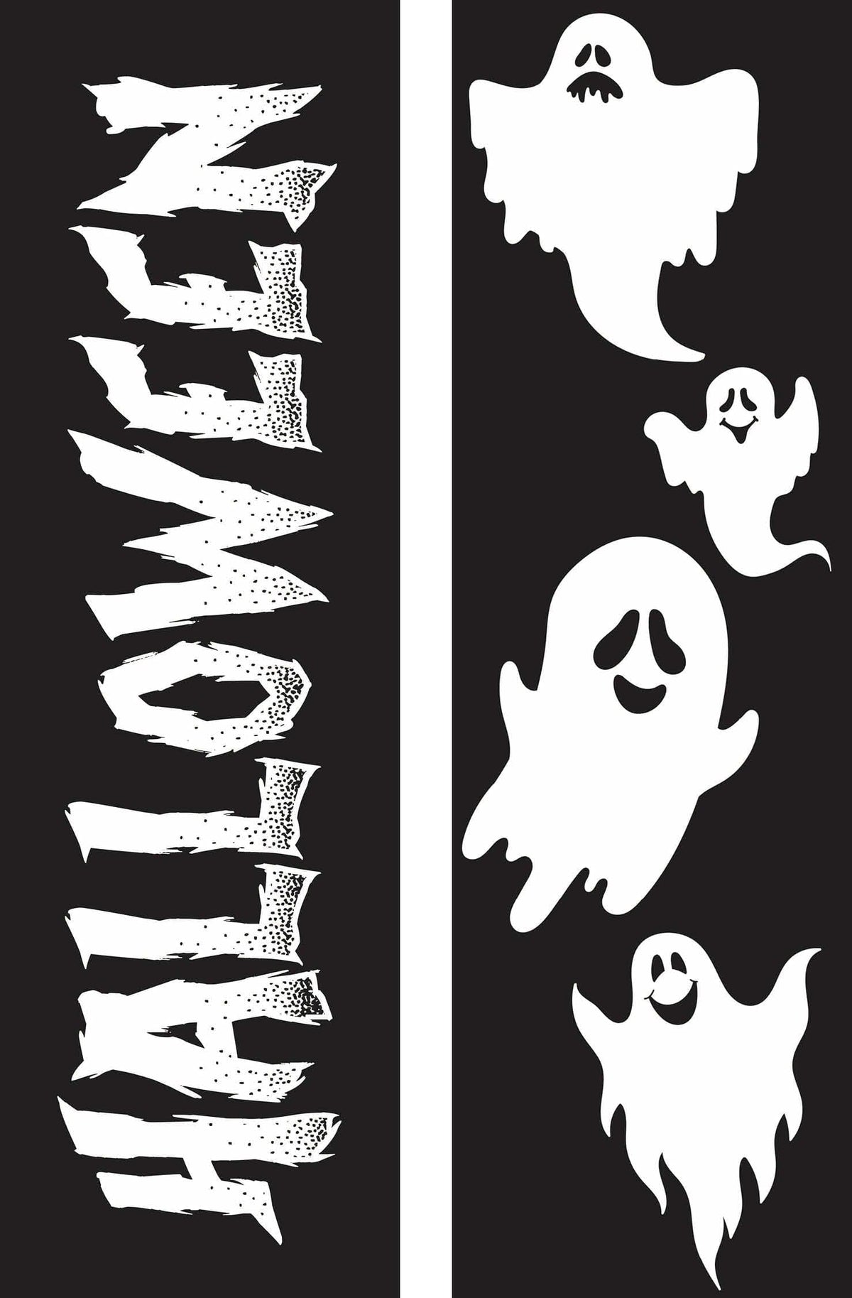 A 30x96 black double banner that includes the word "Halloween" on the left side and 4 white ghosts on the right hand side.