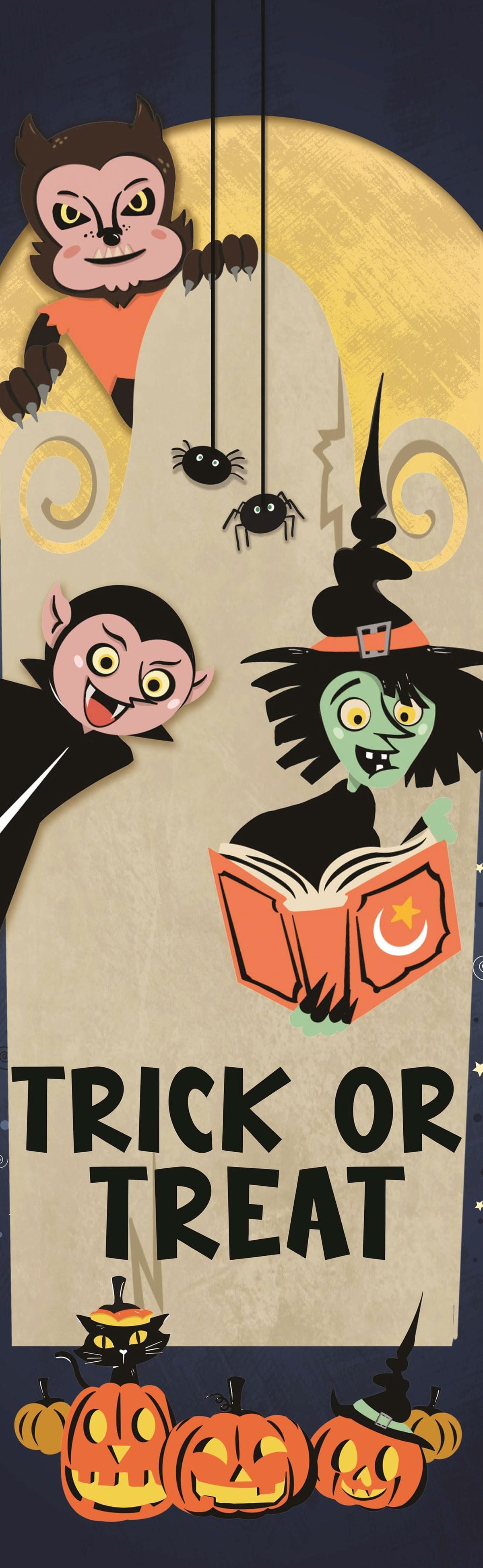 A colorful 30x96 banner for Halloween trick-or-treat featuring a friendly witch, vampire, werewolf, and black cat. Text on the banner reads "Trick or Treat".