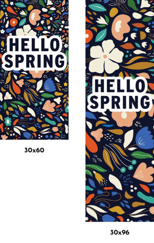 Hello Spring - Black Background Colorful Flowers Single Vinyl Banner