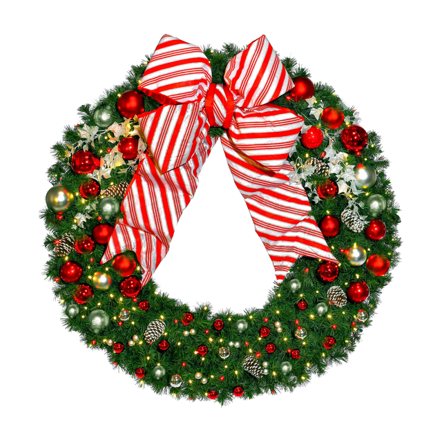 Decorative Christmas wreath with red and white striped bows, red ornaments, and lights on a transparent background.