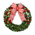 Decorative Christmas wreath with red and white striped bows, red ornaments, and lights on a transparent background.