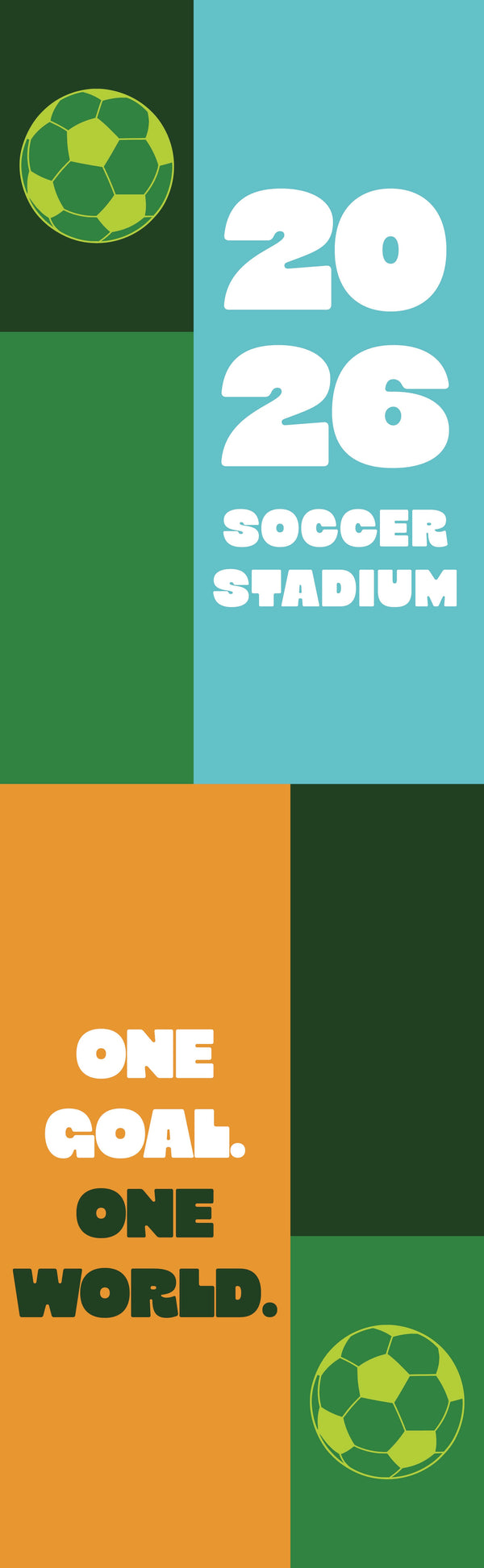 Promotional graphic for a 2026 soccer stadium with soccer ball icons and text.