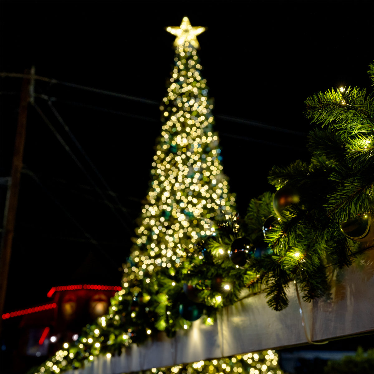 Decorated Christmas tree with lights and ornaments against a dark background.