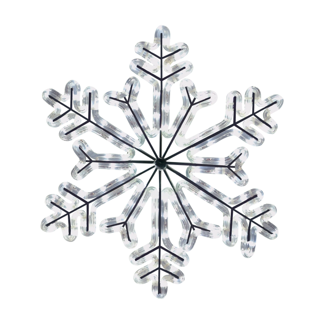 LED ropelight crystal snowflake featuring a six-point snowflake design with bright white LED illumination and a dark metal frame.