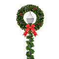 Pre-lit lamppost wreath decorated with pinecones, red shiny shatterproof ornaments, warm white lights, and a red bow with gold trim, paired with matching garland wrapped around the pole.
