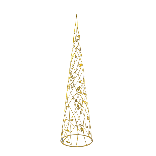 This is a Leavesden Tree, which is featuring a cone shape, adorned with gold metal braiding and golden leaves that elegantly wind around the tree. The tree is illuminated with warm white lights, casting a festive glow.