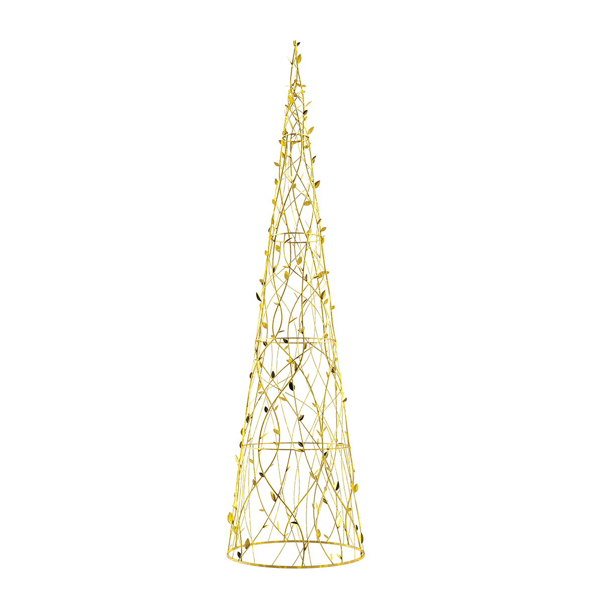 This is a Leavesden Tree, which is featuring a cone shape, adorned with gold metal braiding and golden leaves that elegantly wind around the tree. The tree is illuminated with warm white lights, casting a festive glow.