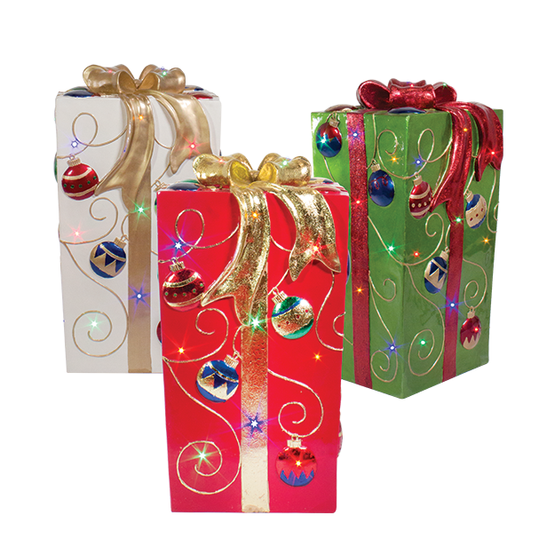 Dekra-Lite Lit Fiberglass Gift Box with Ornament Design