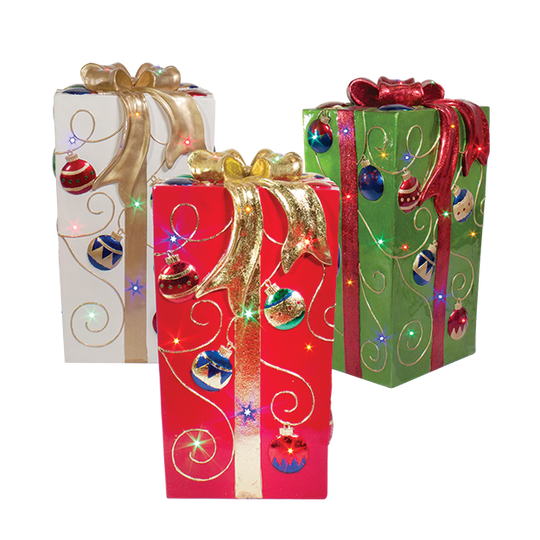 Lit Fiberglass Gift Box with Ornament Design