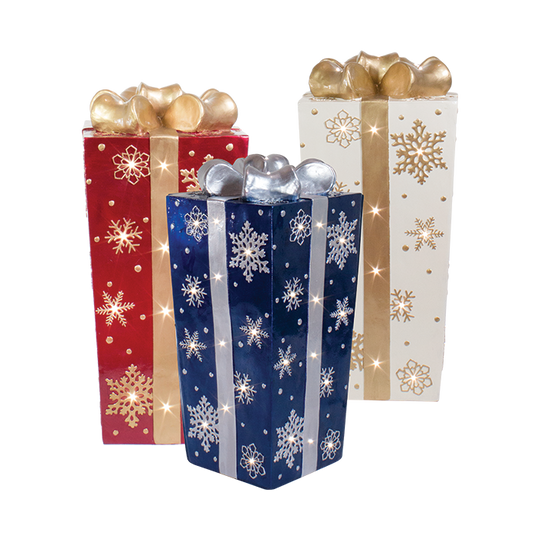 Lit Fiberglass Gift Box with Snowflake Design