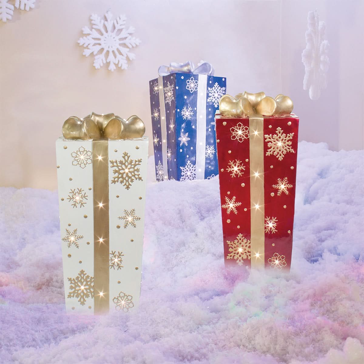 Dekra-Lite Blue Lit Fiberglass Gift Box with Snowflake Design