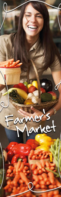 Woman holding a basket of vegetables with text 'Farmer's Market' and images of fruits and vegetables.
