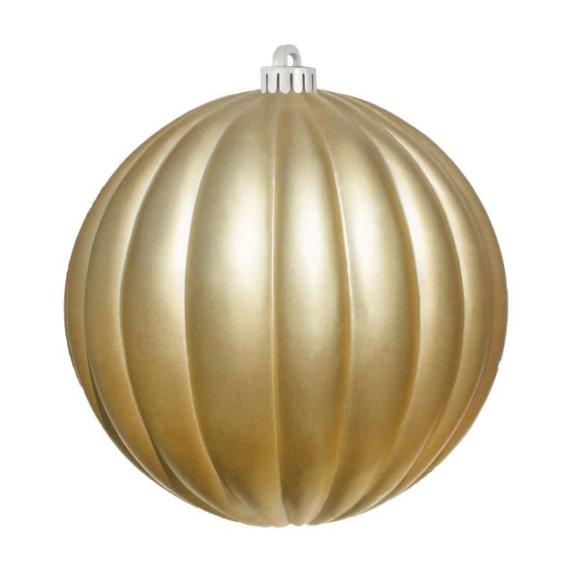 Gold matte ribbed ball ornament with vertical grooves and a silver hanging cap.