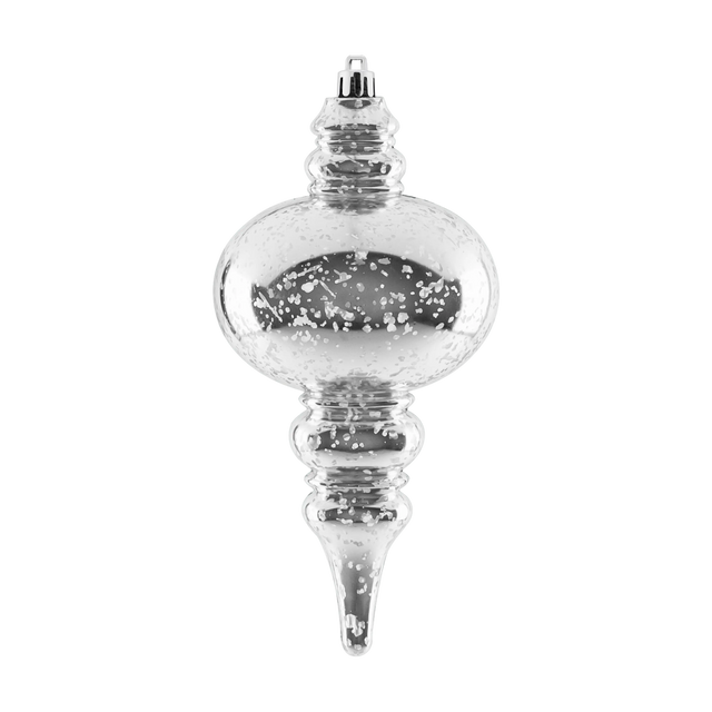 Silver mercury finial ornament with a reflective speckled finish, rounded center, pointed bottom, and hanging cap on a transparent background.