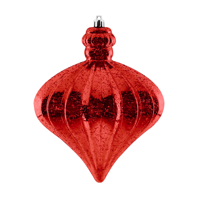 Red Mercury Jewel Ornament featuring a ribbed teardrop shape, mottled mercury finish, decorative tiered top, and silver hanging cap.