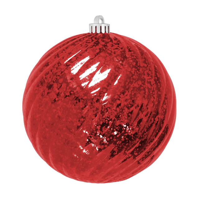Red Mercury Round Swirl Ornament featuring a ribbed swirl design, mottled metallic finish, and silver hanging cap.