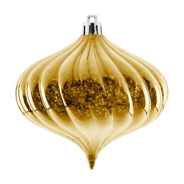 Gold Mercury Top Swirl Ornament featuring a ribbed onion shape, reflective mercury finish, pointed bottom, and silver hanging cap.