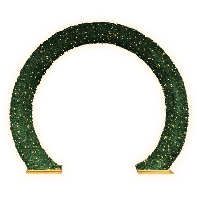 An impressive, walk-through archway known as the "Offenburg Arch," featuring warm mini lights and 2 gold bases.