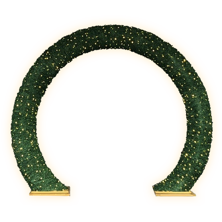 An impressive, walk-through archway known as the "Offenburg Arch," featuring warm mini lights and 2 gold bases.