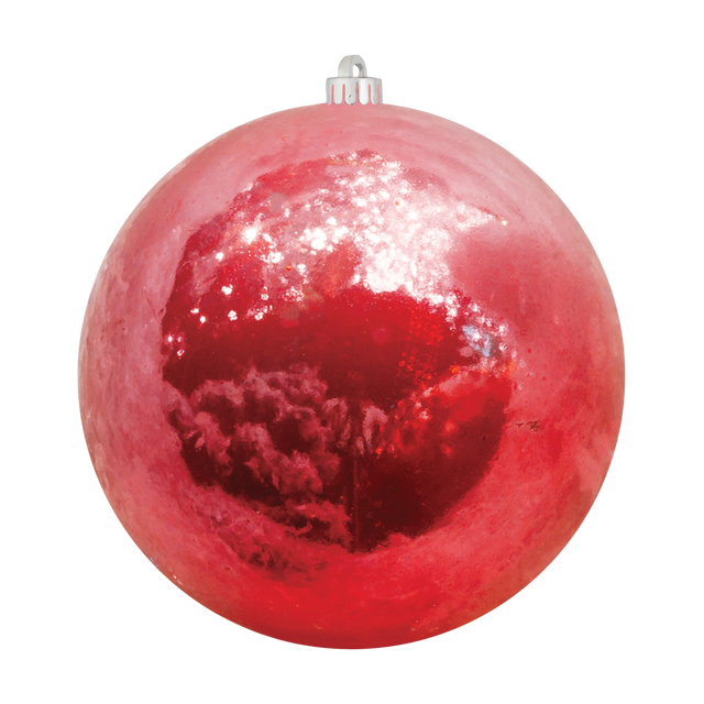Red pearlized ball ornament with a glossy, reflective finish and silver hanging cap.