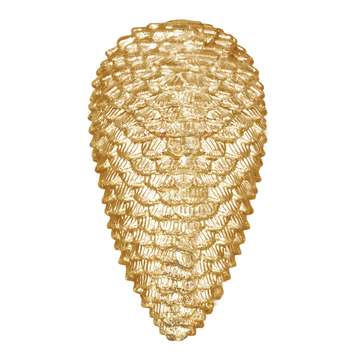 A gold pine cone ornament with a shiny finish, perfect for adding a festive touch to a Christmas tree.