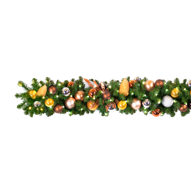 Pre-lit Christmas garland decorated with metallic gold, bronze, copper, champagne, and silver ornaments with warm white lights.