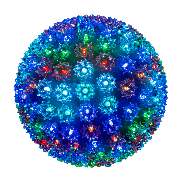 RGB light sphere glowing in multiple colors with cool white LED points and textured star-like light covers on a transparent background.