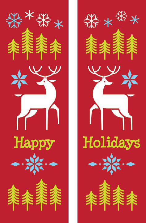 Two red panels with reindeer, trees, and snowflakes on a white background