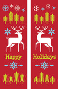 Two red panels with reindeer, trees, and snowflakes on a white background