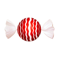 Red and white curly round jumbo candy ornament featuring wavy white stripes, a glossy red center, and glittered white wrapper ends.