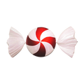 Red and white pinwheel jumbo candy ornament featuring a half-round peppermint swirl center with glittered white wrapper ends.