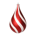 Red and white swirl waterdrop ornament featuring a teardrop shape, candy cane-style stripes, glittered white accents, and a silver hanging cap.