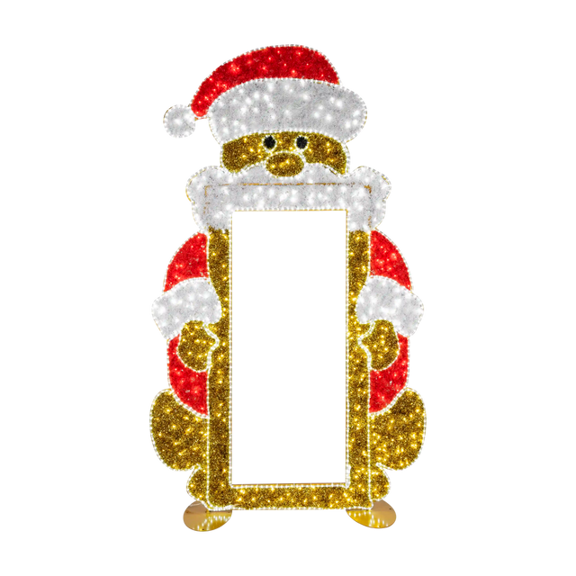 Santa Claus photo op frame illuminated with red, white, gold, and black lights, featuring a rectangular center opening, festive Santa design, and gold base on a transparent background.