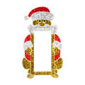 Santa Claus photo op frame illuminated with red, white, gold, and black lights, featuring a rectangular center opening, festive Santa design, and gold base on a transparent background.