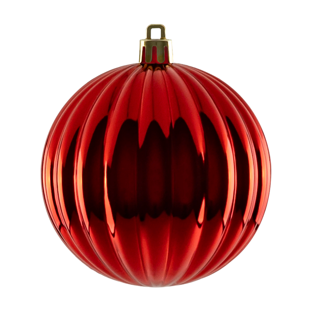 Red shiny ribbed ball ornament with vertical grooves, a reflective finish, and a gold hanging cap.