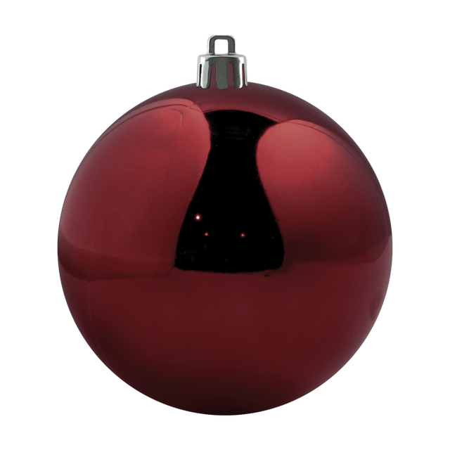 Burgundy shiny shatterproof Christmas ornament with a reflective finish and silver hanging cap on a transparent background.
