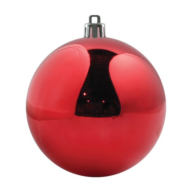 Large shiny red shatterproof Christmas ornament, front view