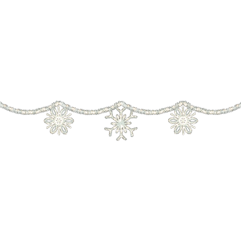 Three snowflake ornaments hanging on white and silver garland, resembling a winter skyline.