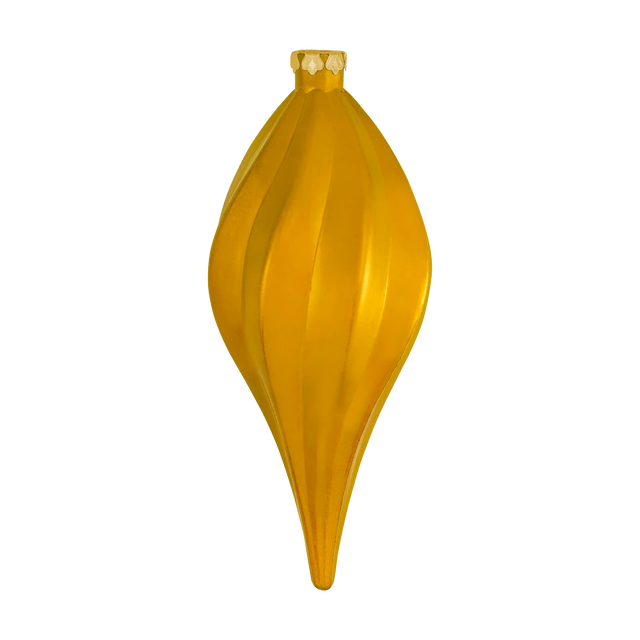 Gold Spiral Finial Ornament featuring a twisted ribbed design, glossy finish, pointed drop, and gold hanging cap.