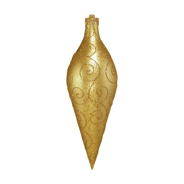 Gold Sprinkle Finial Ornament featuring an elongated pointed shape, shimmering gold finish, and decorative swirl pattern.