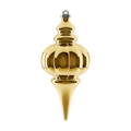 Gold & Champagne striped finial ornament featuring a shiny reflective finish, rounded center, pointed drop, and silver hanging cap.