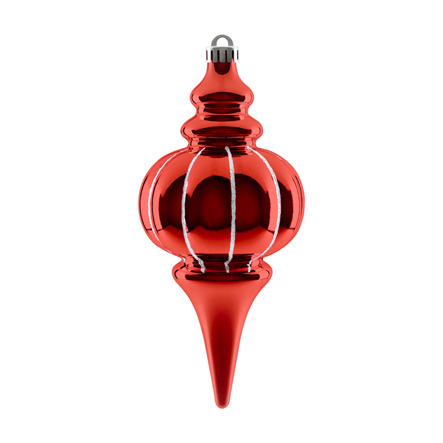 Red & White striped finial ornament featuring a shiny reflective finish, rounded center, pointed drop, and silver hanging cap.