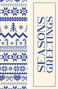 Seasons Greetings card with blue patterns on a beige background