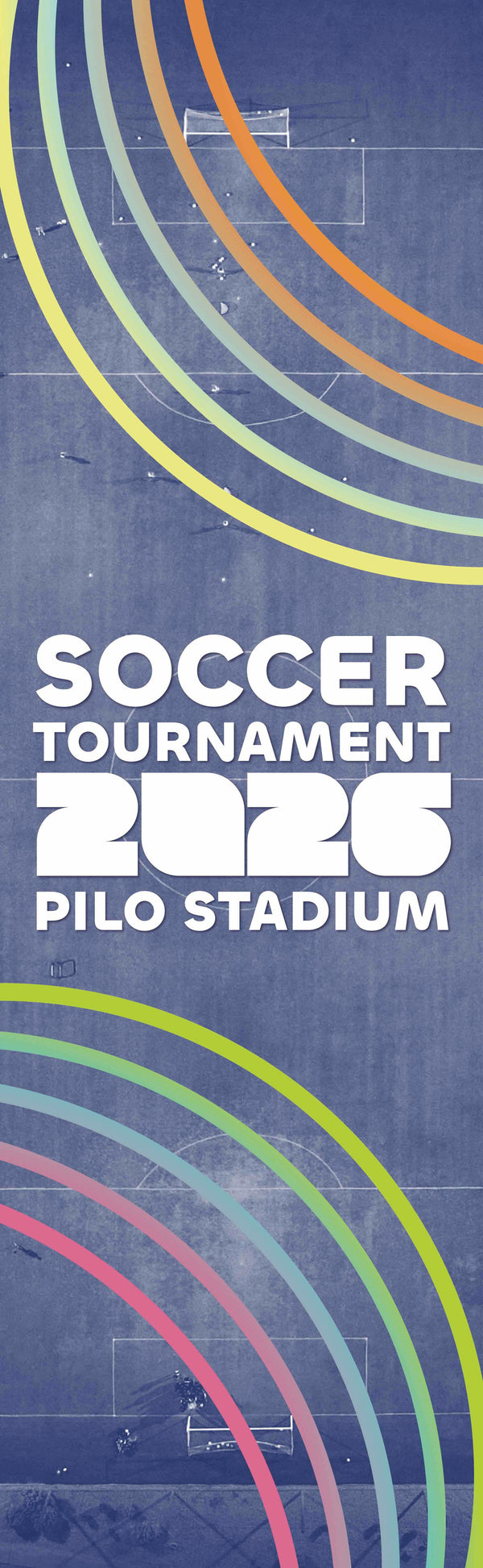Soccer tournament poster for 2025 at Pilo Stadium with colorful circular designs on a blue background.