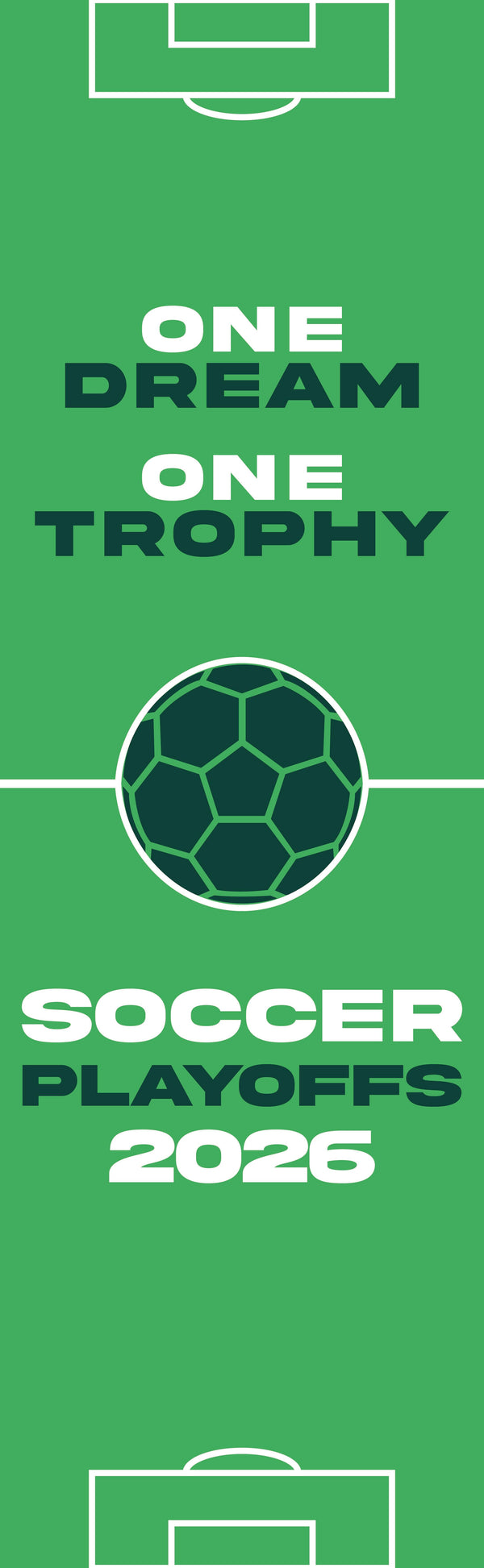 Promotional graphic for soccer playoffs 2026 with a green background and soccer ball icon.