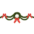 Three Candle Skyline Green Christmas garland with red bows and small red ornaments, shown against a plain white background.