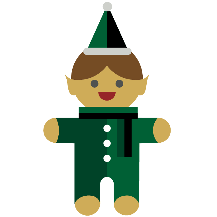 Illustration of a Christmas elf with a green hat and outfit on a white background