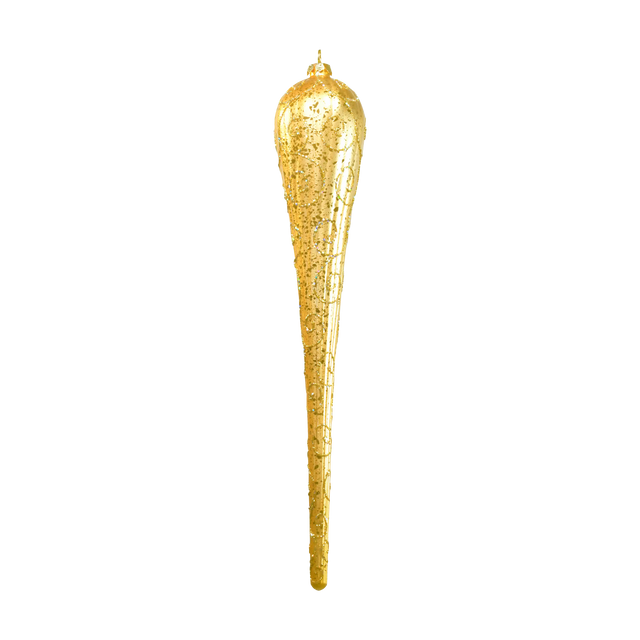Gold Waterdrop Sprinkle Ornament featuring an elongated icicle shape, sparkling textured finish, and hanging loop.
