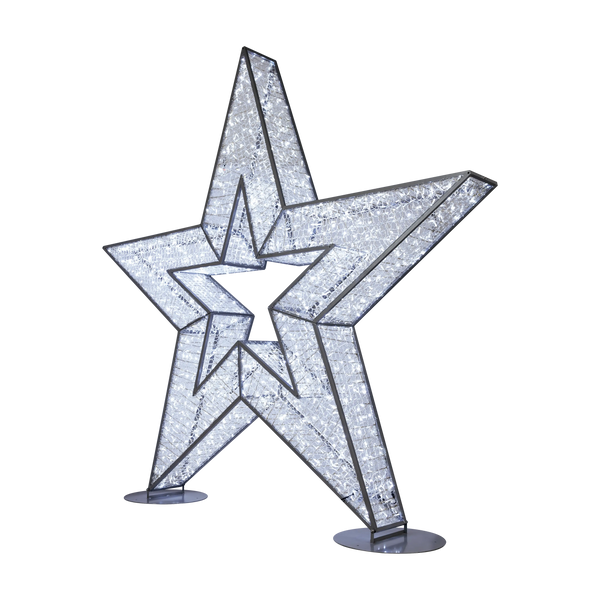 Waterloo Illuminated Stars in cool white, featuring two layered five-point star frames with bright LED lighting and silver metal edging.
