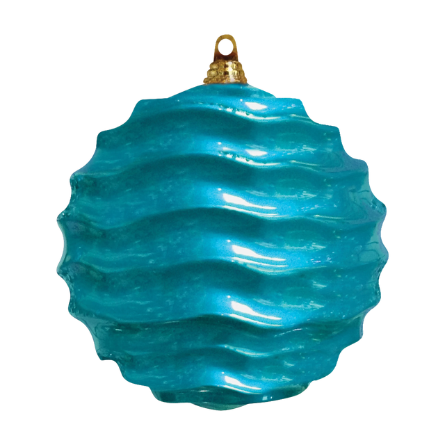 Teal wave ornament with a shiny reflective finish, sculpted horizontal ridges, and a gold hanging cap on a transparent background.